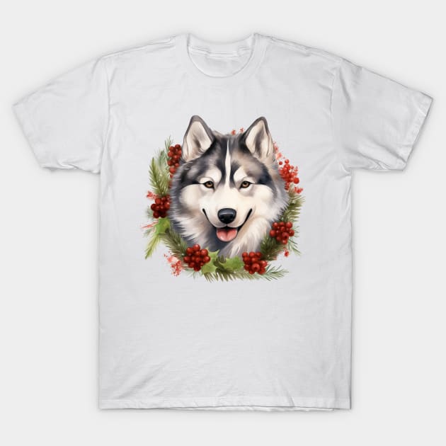 Christmas Husky Dog Wreath T-Shirt by Chromatic Fusion Studio